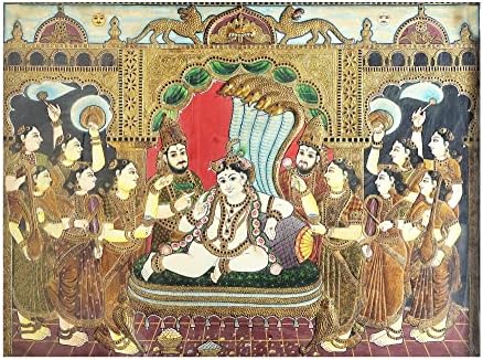 הודו אקזוטית 53 x 41 לורד קרישנה טנג'ור ציור | צבעים מסורתיים עם זהב 24 קראט | מסגרת עץ טיק | זהב &